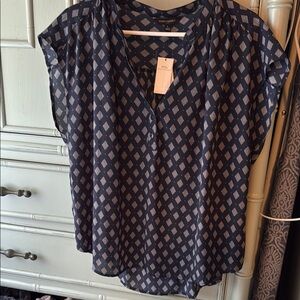 Ann Taylor Blue Cap Sleeve Blouse with Mandarin Collar